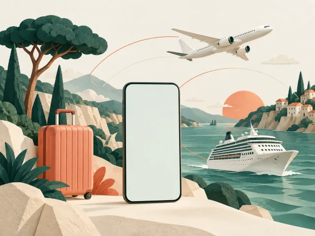 Illustration of a phone and suitcase with a cruise ship, aircraft, and coastal scenery.