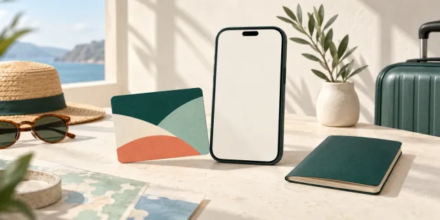Illustration of an unbranded payment card beside a phone and travel essentials.